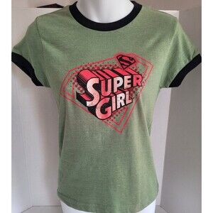 “Super Girl” Distressed Graphic Ringer Tee - Juniors/Women's Size M Olive Green
